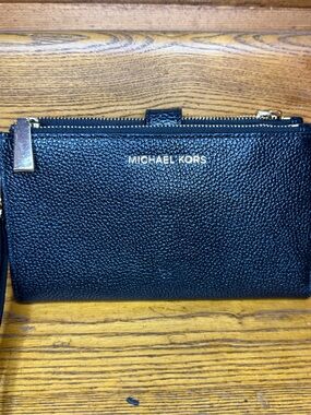 Michael Kors Adele Double Zip Black Pebbled Leather Wristlet with Gold Accents
